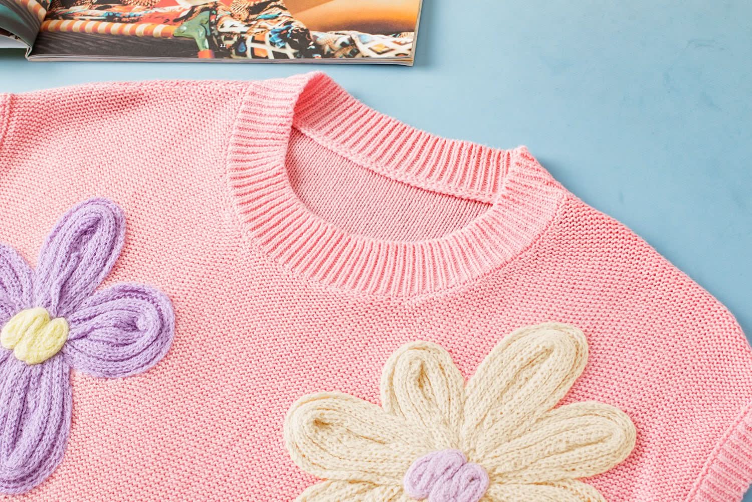 Pink Multi Crochet Flower Knit Short Sleeve Sweater Top - Love Salve